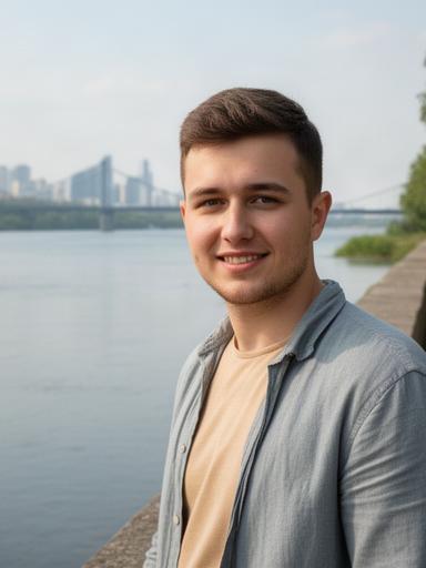Мужчина на фоне набережной с карточкой профиля и интересами